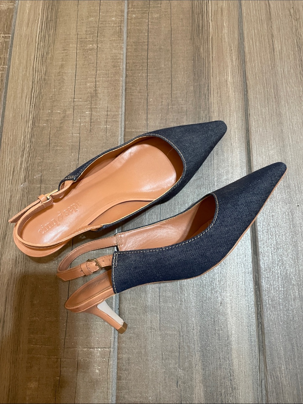 cinq à sept Black Denim Pointed Slingback Heels with Tan Accents